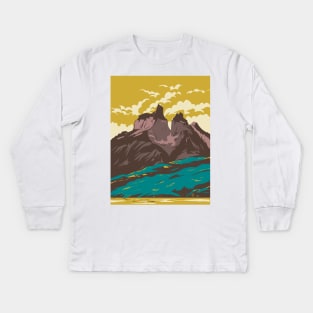 Torres Del Paine National Park from Lake Pehoe in Chile WPA Art Deco Poster Kids Long Sleeve T-Shirt